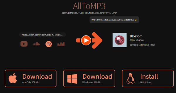 AlltoMP3 ウェブサイトのスクリーンショット