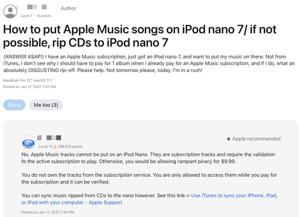 AppleフォーラムでApple Musicの曲をiPodで再生する検討